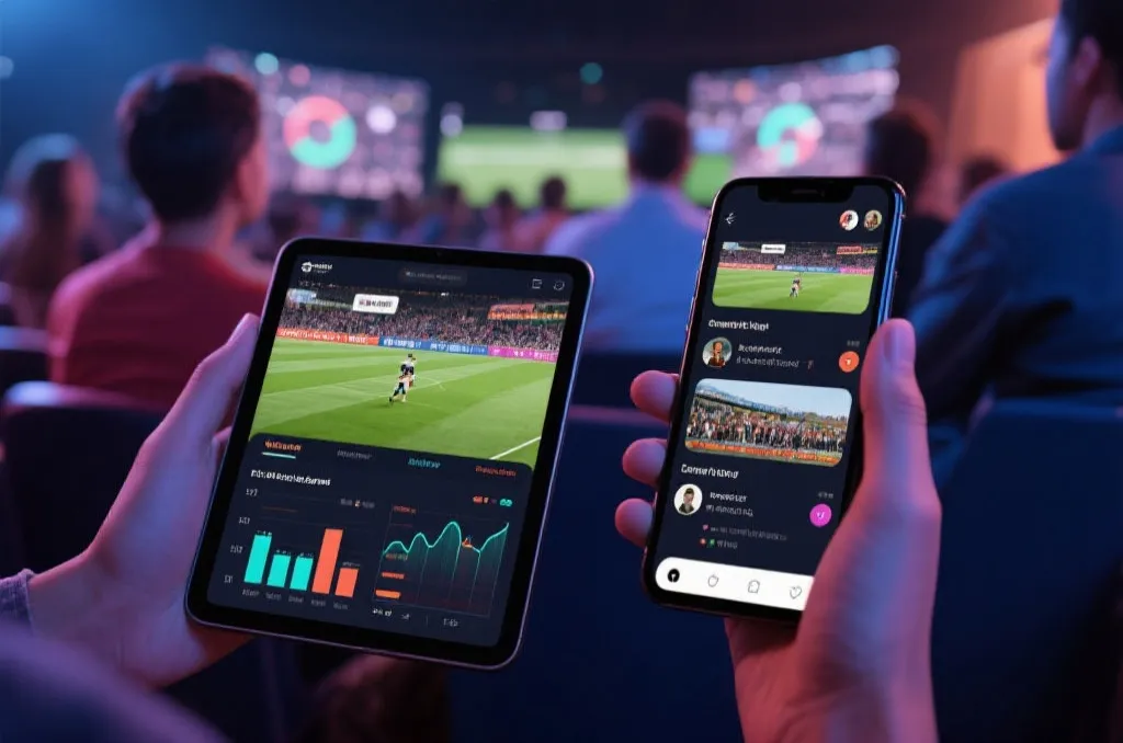 手机屏幕展示比赛集锦、数据图表和社交讨论的复盘画面